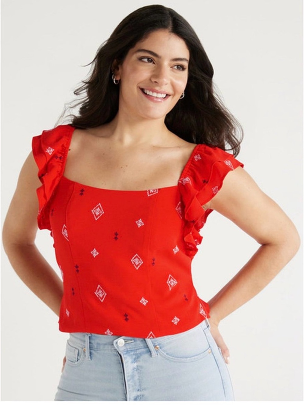 Ruffled Square-Neck Camisole in Bright Red